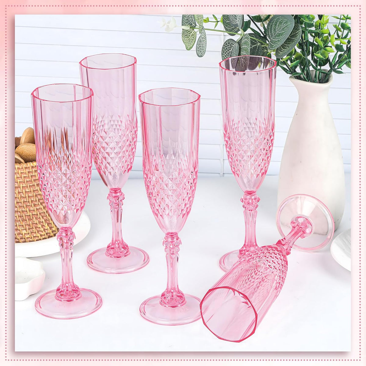 Plastic Champagne Flutes, 24PCS Pink Wine Glasses Goblets Cups Reusable Flute, for Weddings