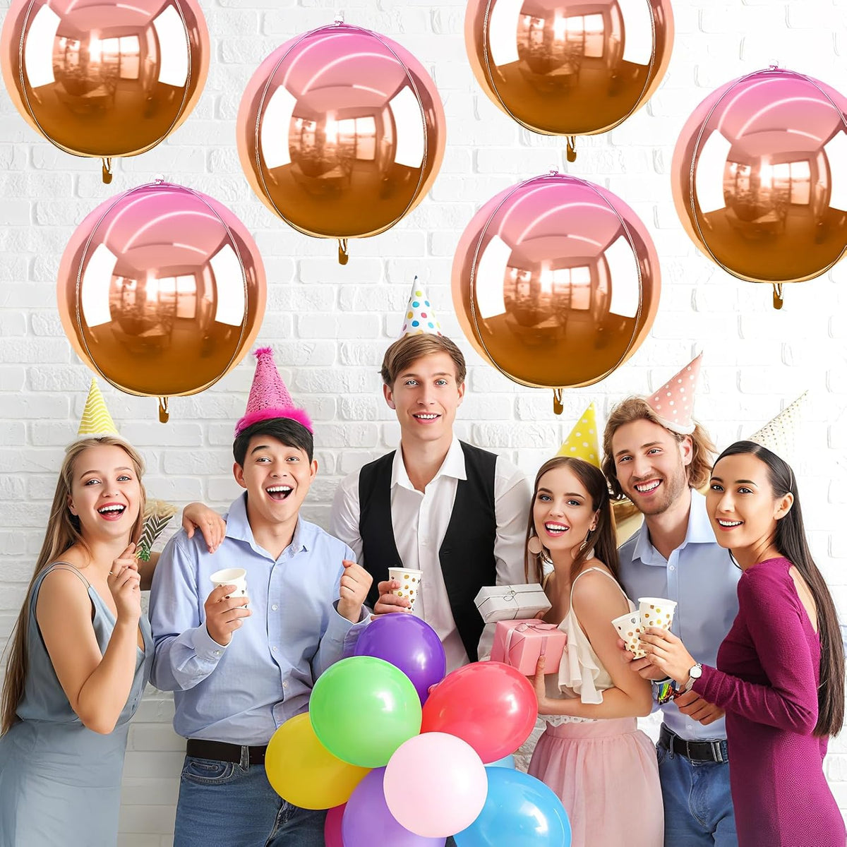 6Pcs Gradient Orange Round Foil Balloons, 22" Large Helium Ball Balloon, Metallic Orange Mylar