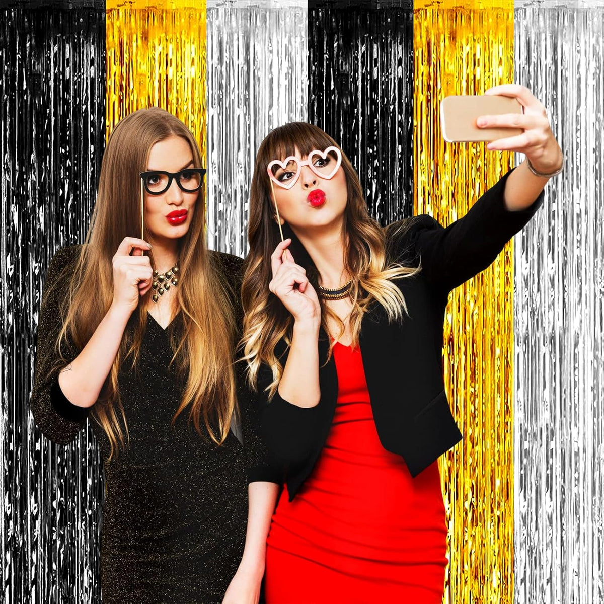 4 Pack Black Gold Silver Foil Fringe Curtain Backdrop, 3.28Ft x 8.2Ft Metallic Tinsel Foil Fringe