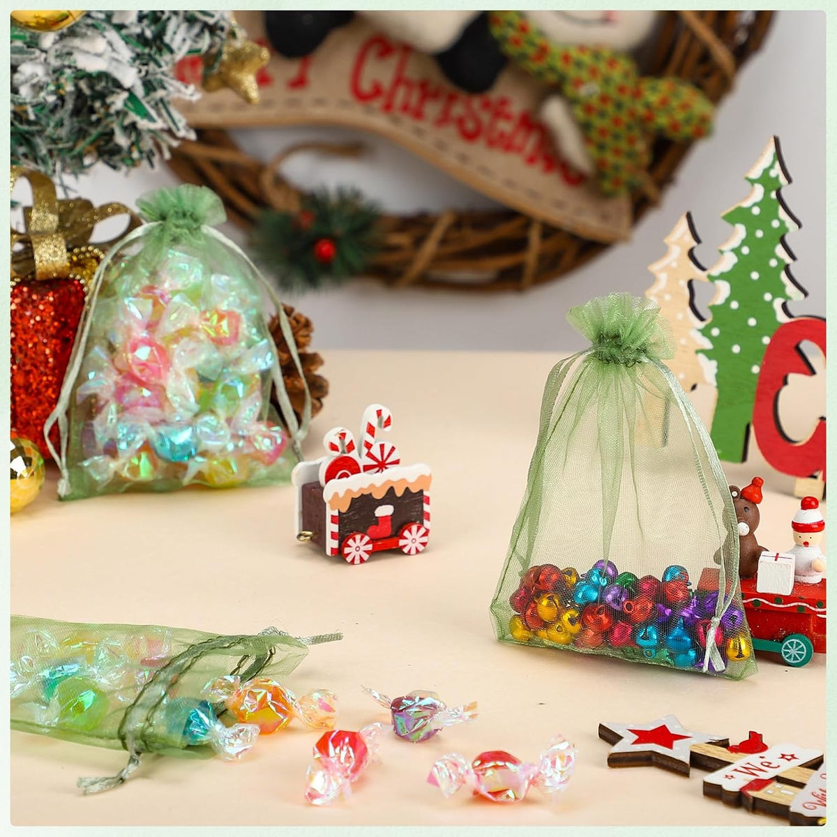 120PCS Sage Green Small Drawstring Bags 3.5x4.7 Inch Organza Bags Mini Mesh Gift Jewelry Pouches
