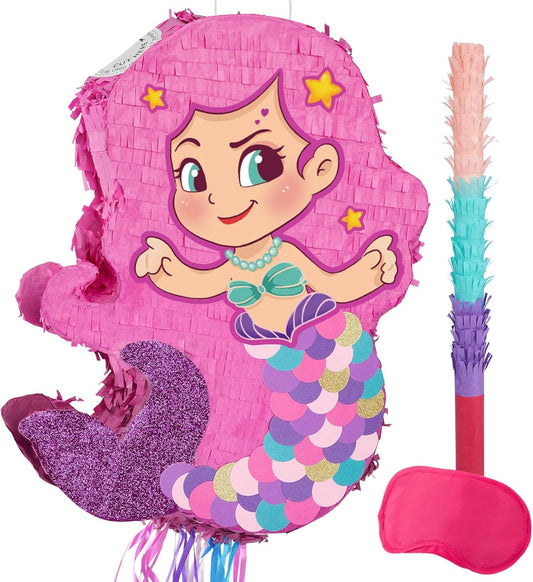 WERNNSAI Foldable Mermaid Pinata - Pull String Mermaid Birthday Party Supplies Extendable Mermaid