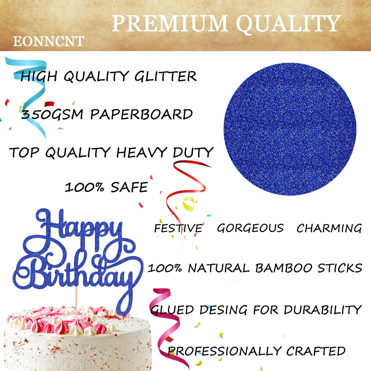Happy Birthday Cake Topper - Royal Blue Glitter Birthday Party Cake Decoration Supplies - Happy