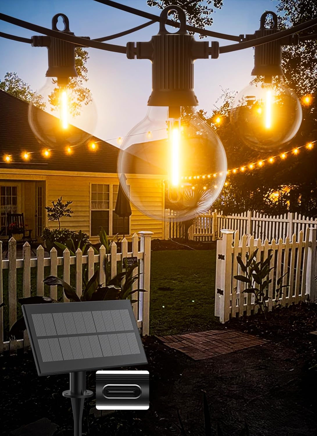 Solar String Lights Outdoor Waterproof 50FT with USB Port and 27 Shatterproof G40 Bulbs(2 Spare)