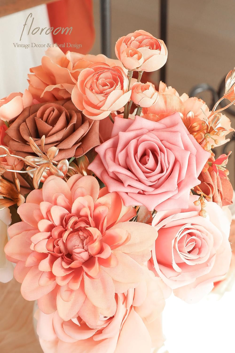 Floroom Terracotta Artificial Flowers Burnt Orange Fake Roses Dahlias and Greenery Combo Box Set