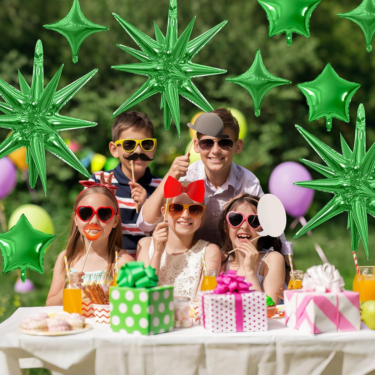 Green Star Balloon,16Pcs Star Foil Balloons Set with 22Inch Explosion Spike Cone Balloons and