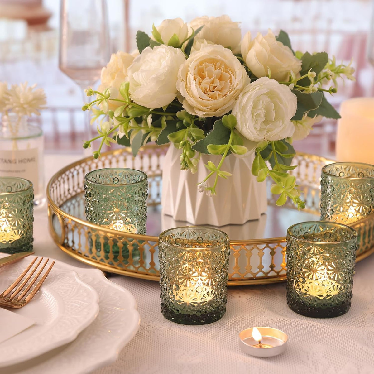Green Votive Candle Holder Set of 36, Flower Tea Lights Candles Holders for Wedding Table Decor