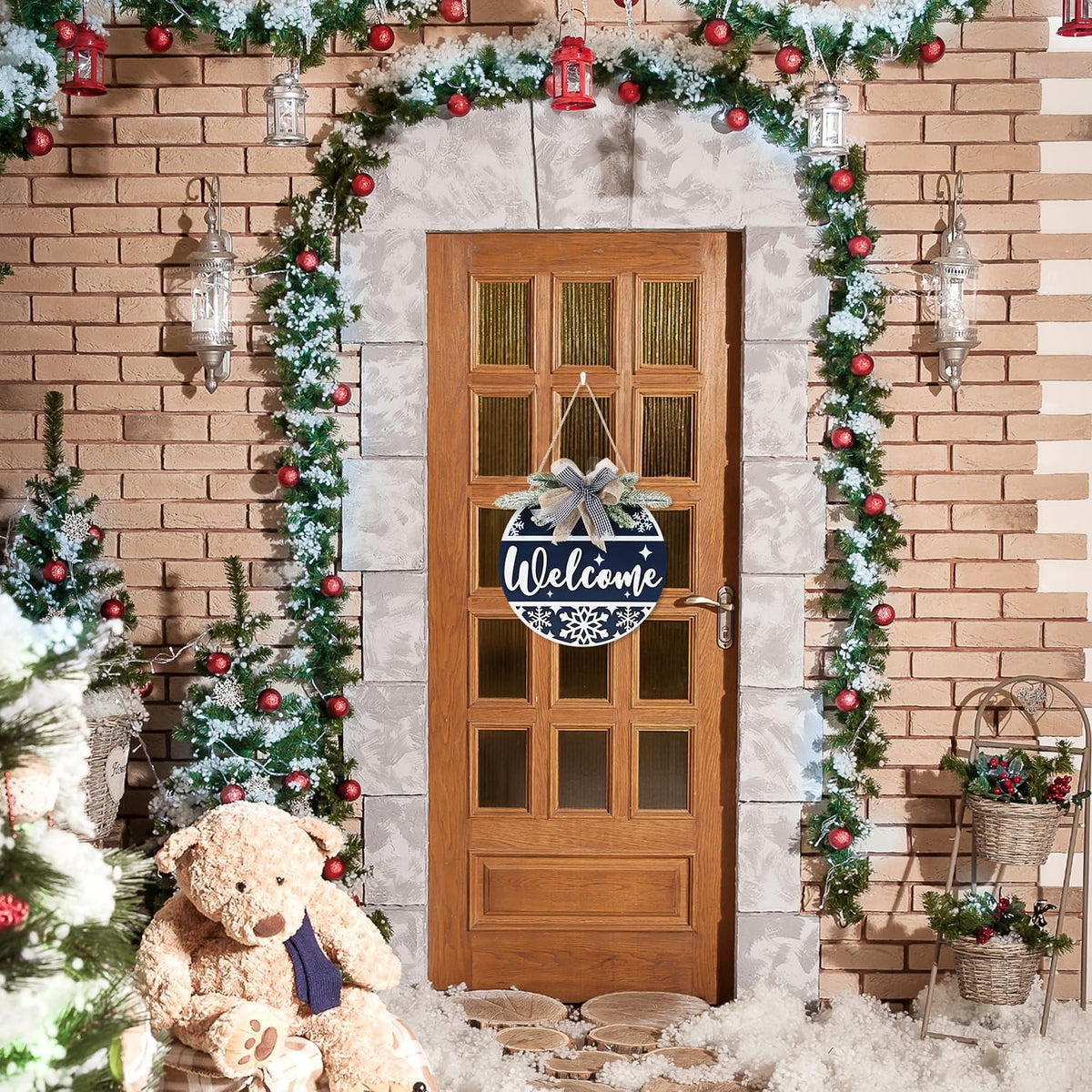CHDITB Blue Welcome Winter Front Door Sign Wreath(11.4”), Wooden 3D Welcome Home Decoration Wall