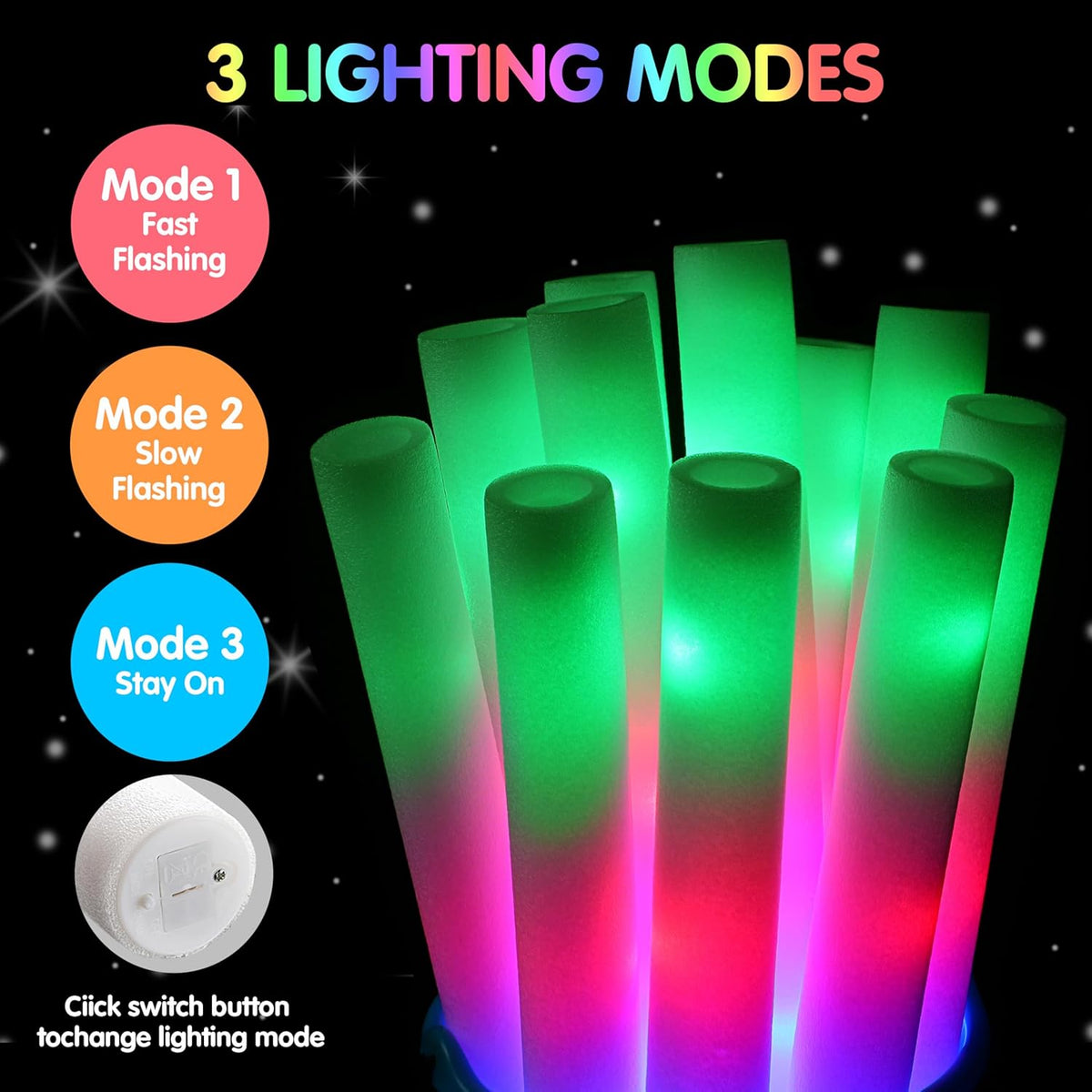 JOYIN 100 PCS LED Light Up Foam Sticks, Glow Sticks Party Favors Bulk with 3 Modes Color Flashing
