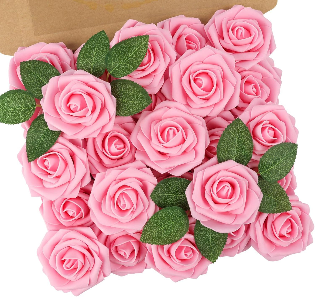N&T NIETING Artificial Flowers Pink Roses, 25Pcs Fake Flowers Foam Roses with Stems for DIY Wedding