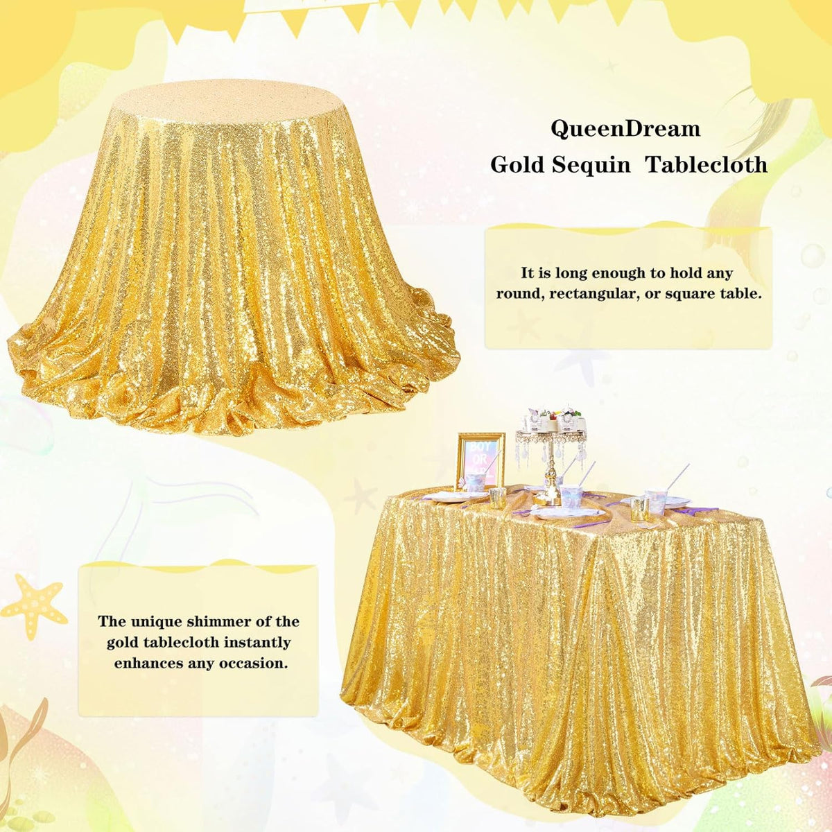 QueenDream Glitter Gold Tablecloth for Parties 90x156 Inch Sequin Fabric Rectangle Table Cloth for