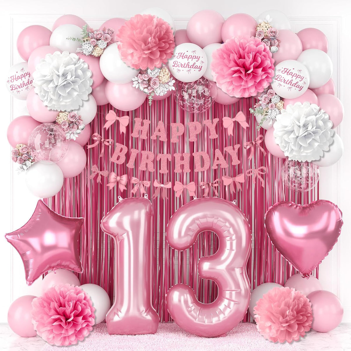 13th Birthday Decorations for Girls Pink Number 13 Balloon Bow Coquette Happy Birthday Banner