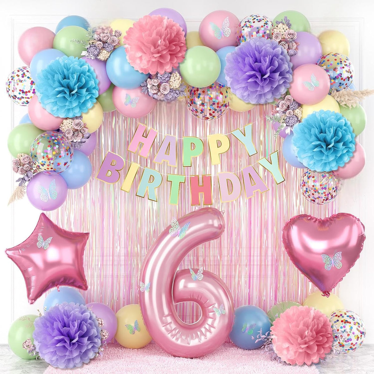Pastel 6th Birthday Party Decorations for Girls Number 6 Balloon Happy Birthday Banner Butterfly