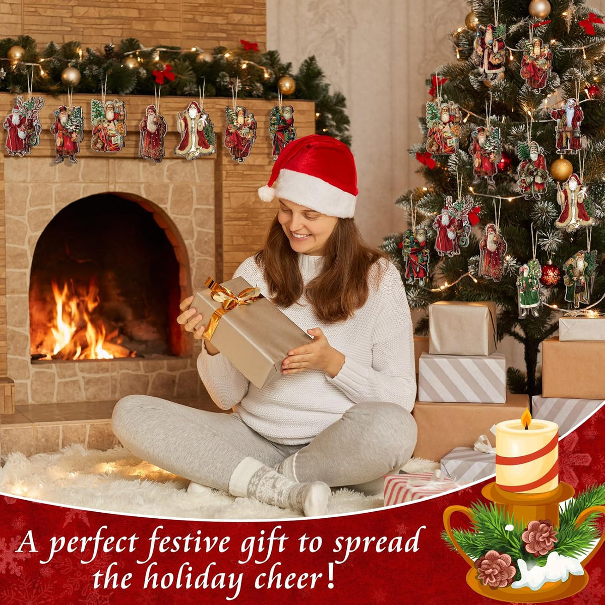 Suzile 36 Pcs Christmas Wooden Ornaments Vintage Christmas Tree Decorations Santa Claus Ornaments