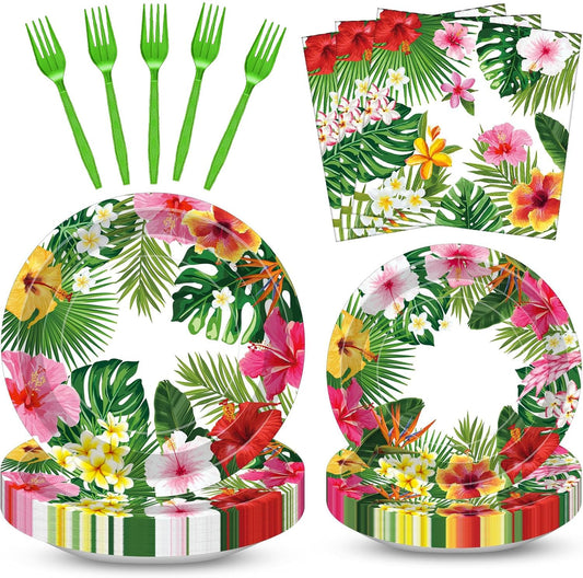 100 Pcs Tropical Luau Party Supplies Set, Serves 25 – Disposable Hibiscus Floral Paper Plates