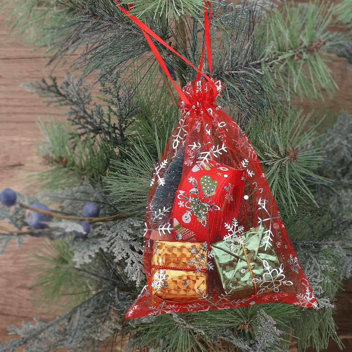 jijAcraft 5x7 Inch Christmas Organza Bags - 50Pcs Red Snowflake Gift Bags with Drawstring, Xmas