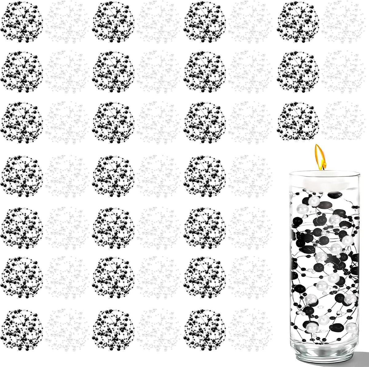 50 PCS Artificial Floating Beads for Centerpieces Vases, Black&White 8+3mm String Beads for Wedding