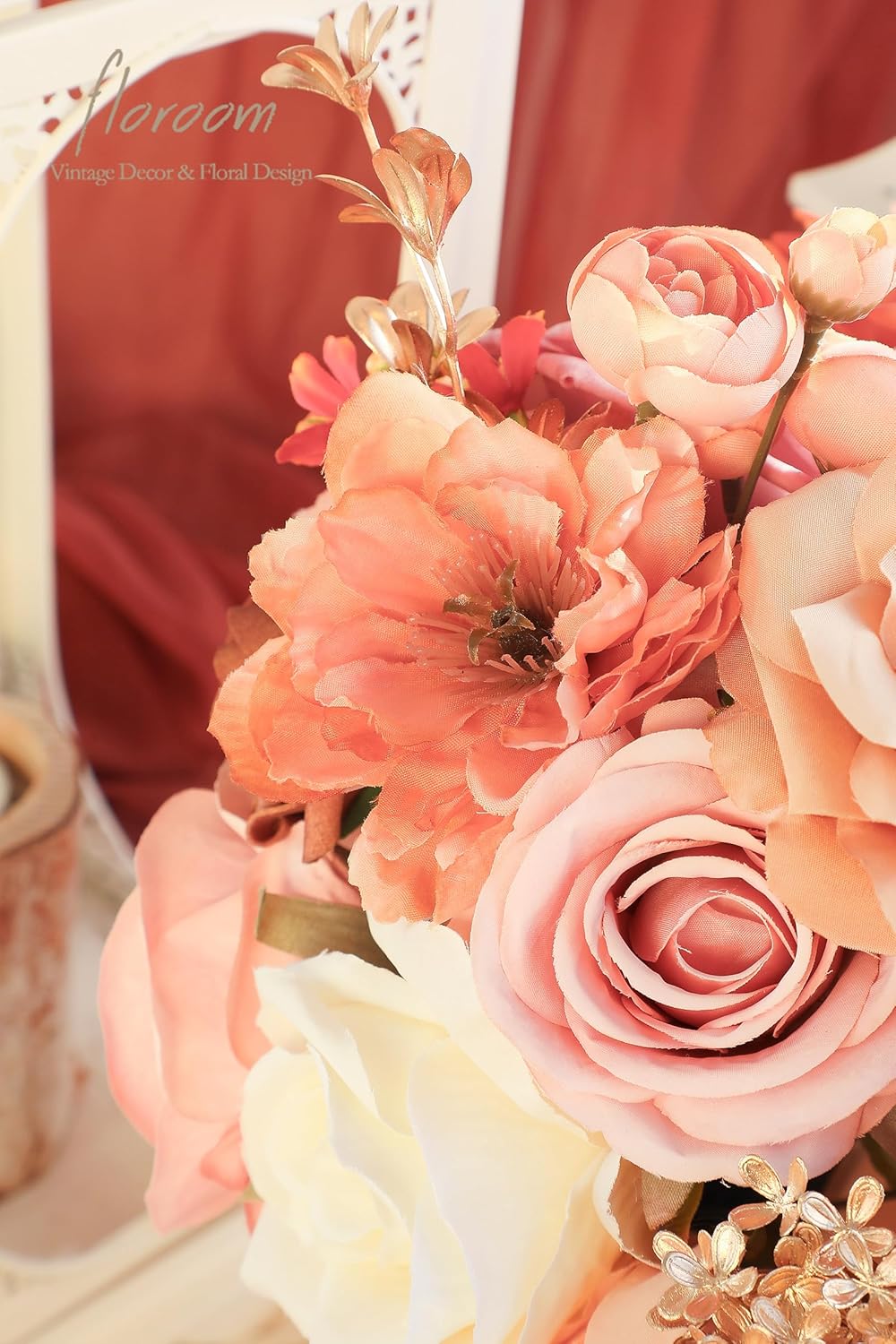 Floroom Terracotta Artificial Flowers Burnt Orange Fake Roses Dahlias and Greenery Combo Box Set