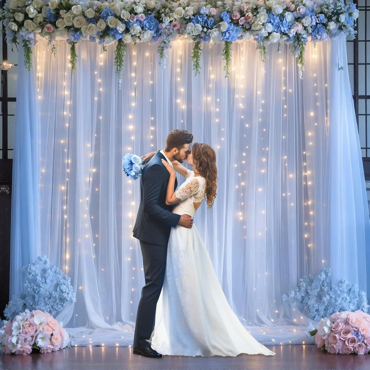 Blue Tulle Backdrop Curtains with Lights String for Parites Baby Shower 20×10ft Blue Sheer Backdrop