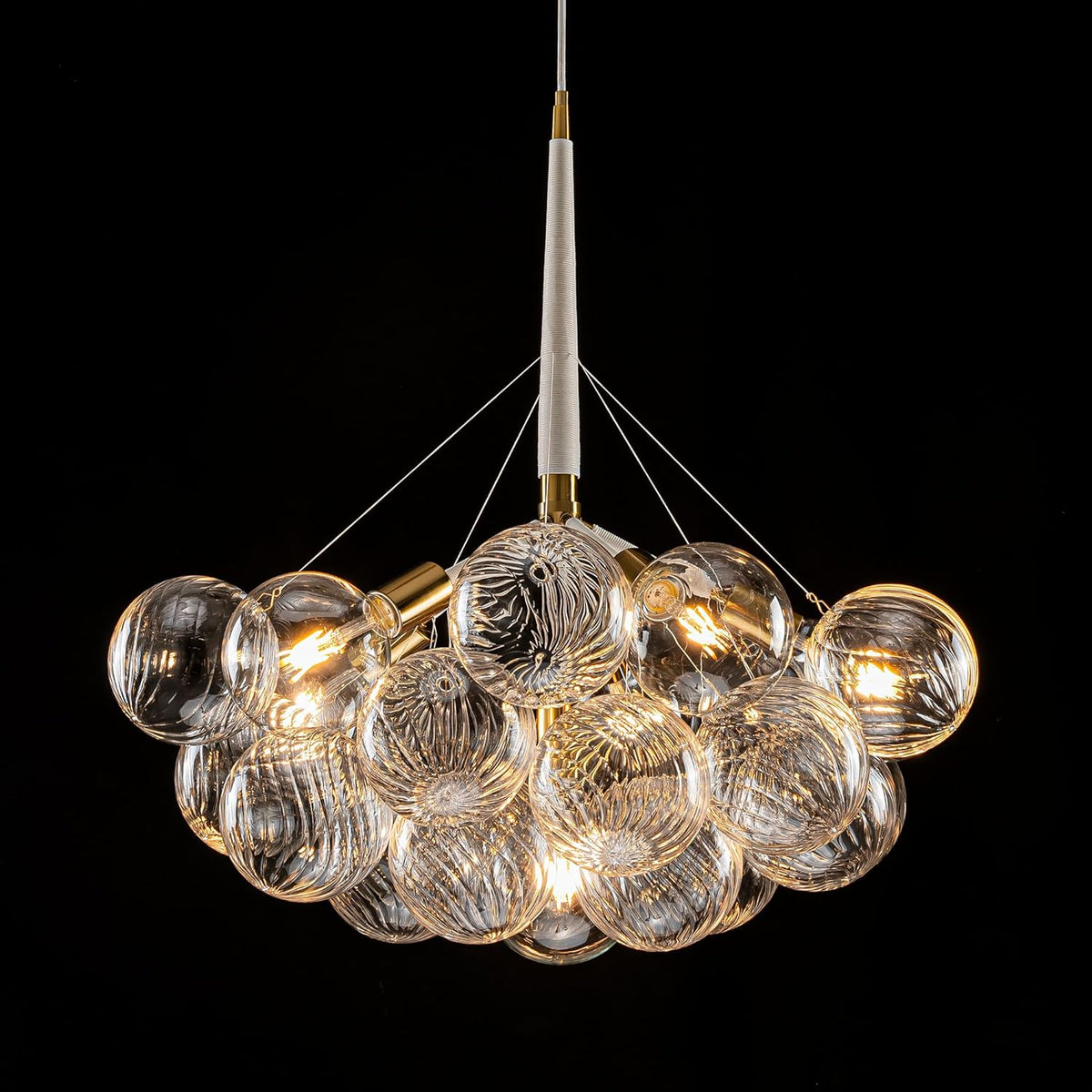 Mid-Century Bubble Globe Chandelier, White and Gold 6 Lights Dia 24" Swirled Glass Chandeliers for