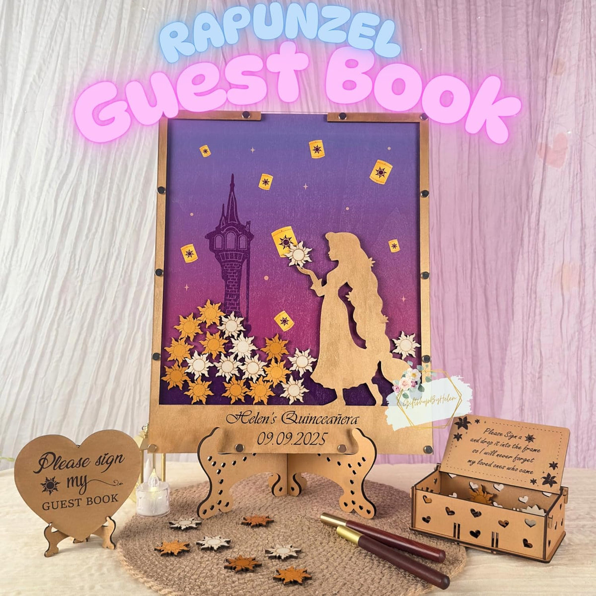 Princess Guest Book Alternative | Quinceañera Sweet XV Wooden Dropbox Frame with Lantern Tokens |