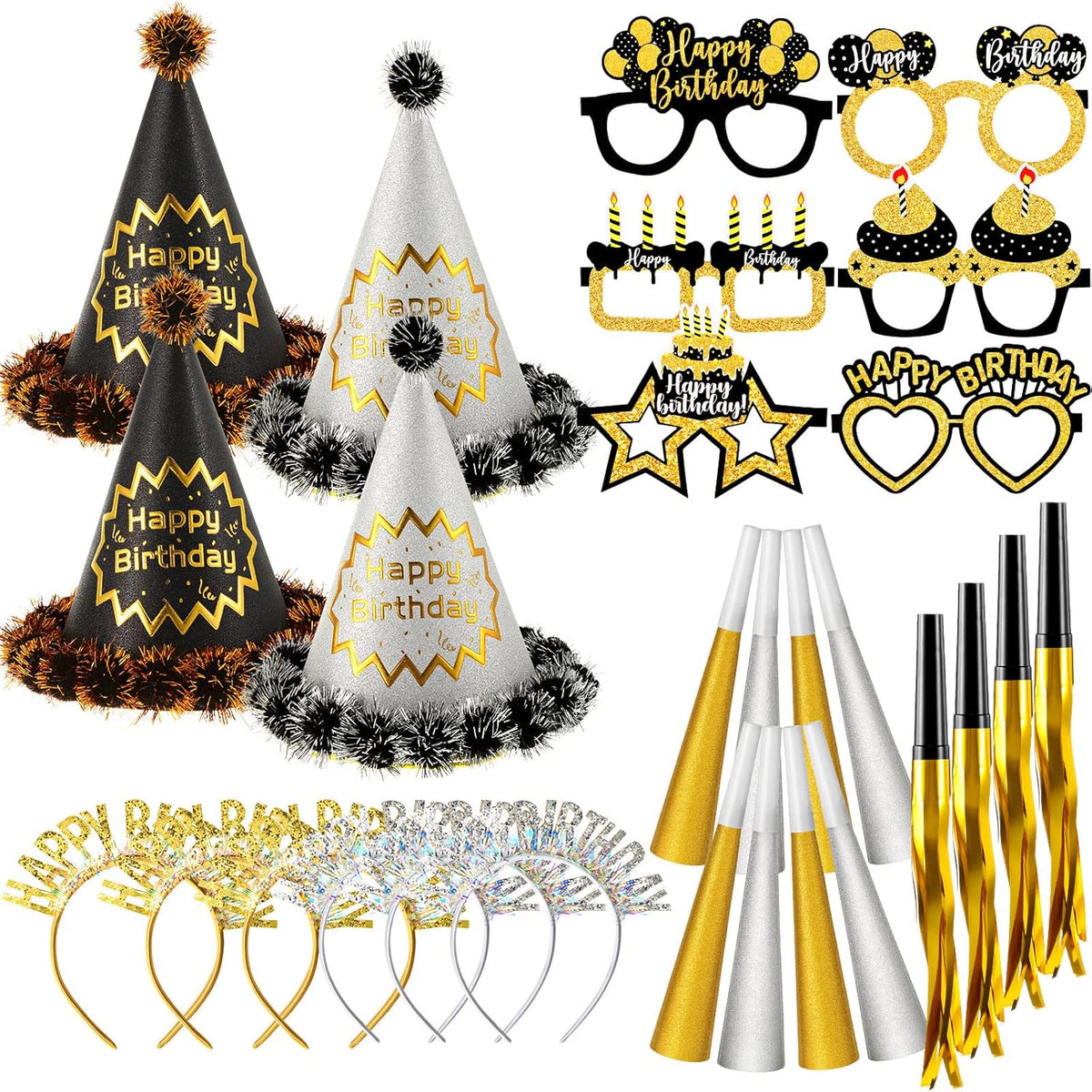 Sratte 36 Pcs Black Gold Style Birthday Party Favors Set Happy Birthday Hat Headband Glasses Noise