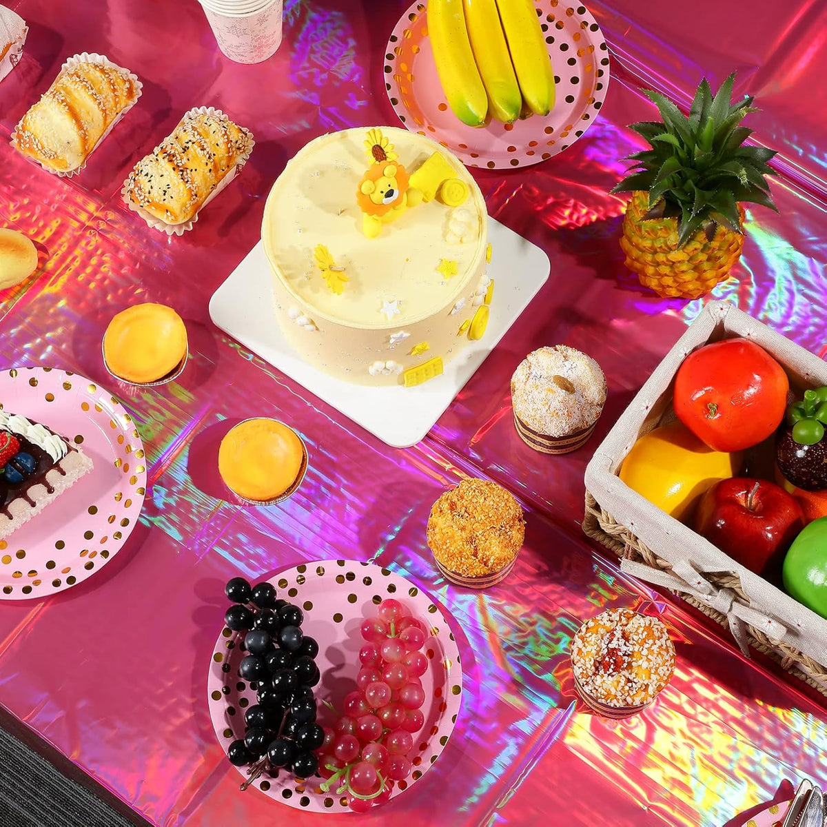 8 Pack Hot Pink Iridescence Plastic Tablecloths Shiny Disposable Laser Rectangle Table Covers