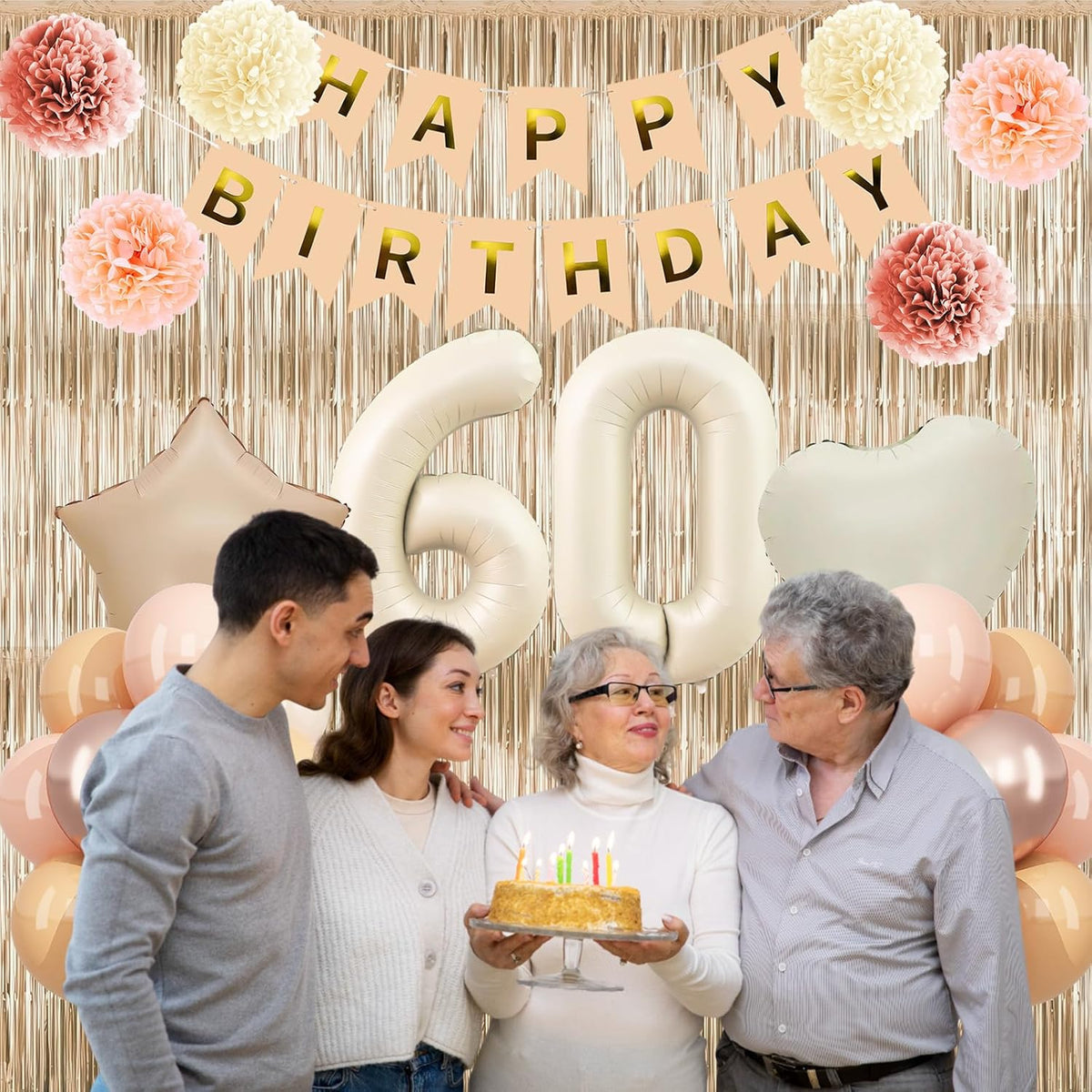 Beige 60th Birthday Decorations for Women Cream Number 60 Balloon Nude Gold Happy Birthday Banner