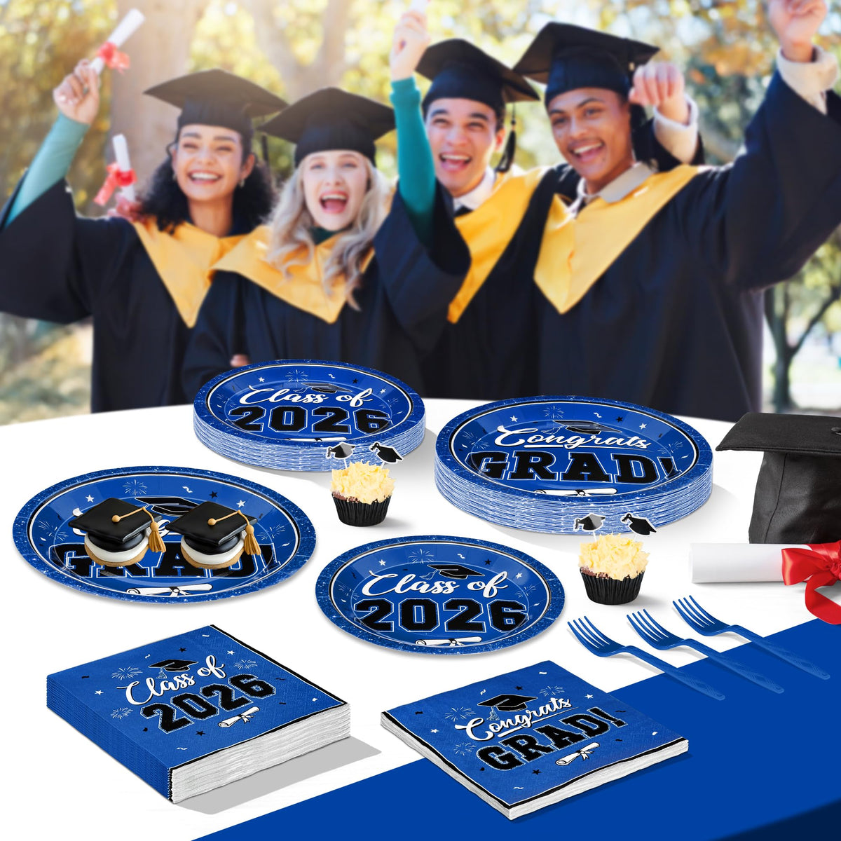 200Pcs Graduation Decorations 2026, Blue Graduation Plates and Napkins Party Supplies for 50