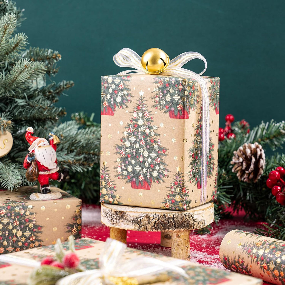 RUSPEPA Kraft Christmas Wrapping Paper Roll, Mini Roll, Gold Foil Christmas Tree Design, Elegent