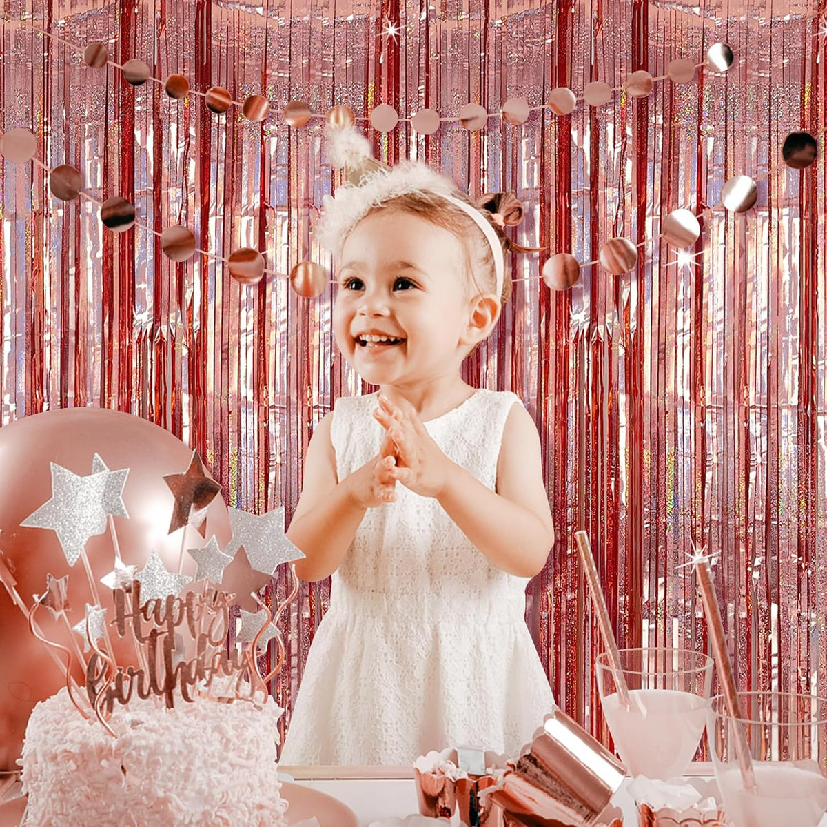 Tinsel Curtain Party Backdrop Rose Gold Birthday Decorations 2 Packs Glitter Foil Fringe Curtain