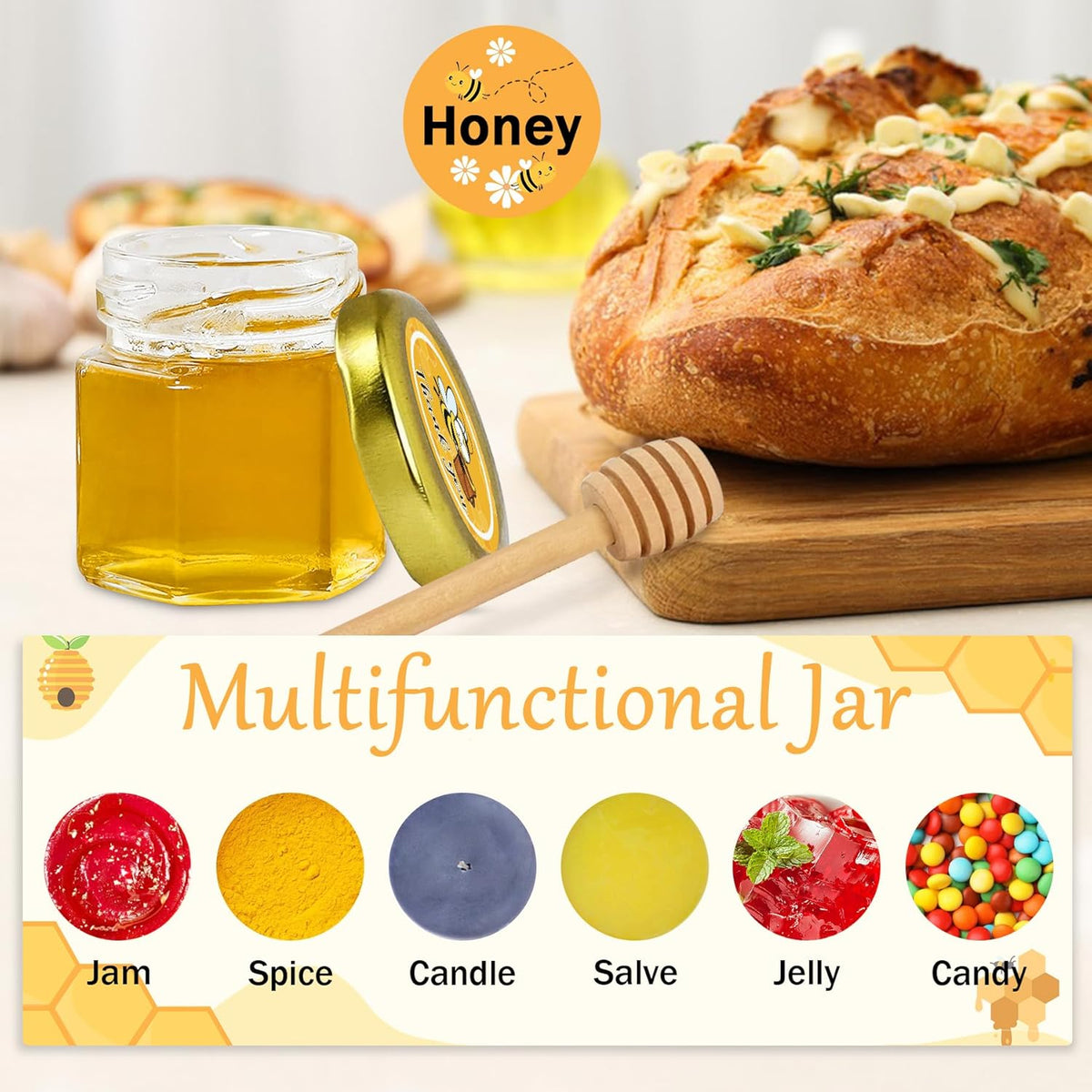 Aliggbent 48 Pack Mini Honey Jars Party Favors in Bulk, 1.5 oz Small Hexagon Glass Honey Jars with