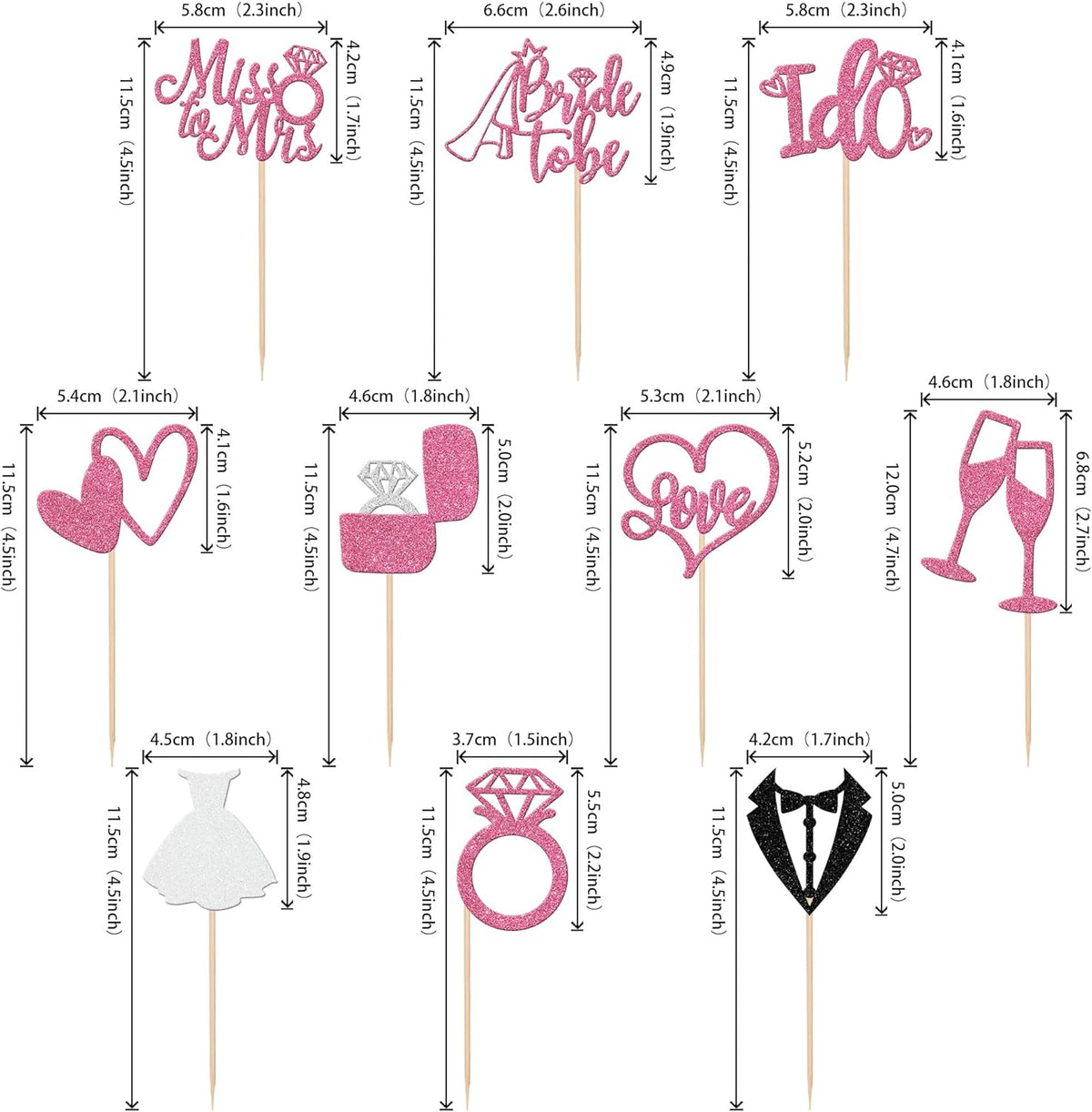 30 PCS Bride to Be Cupcake Toppers Glitter Miss to Mrs I Do Love Heart Ring Cupcake Picks Wedding