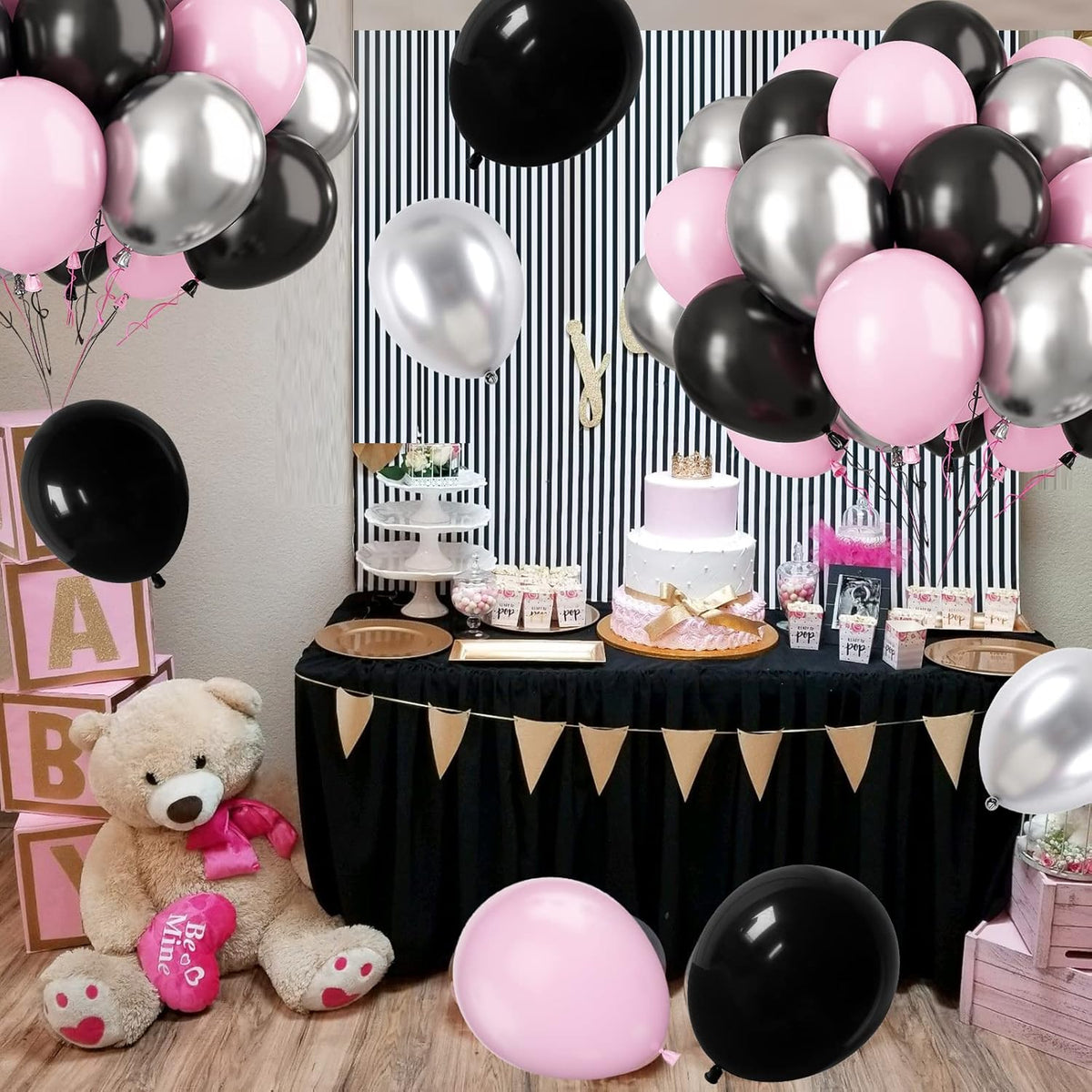 Paready Pink and Black Balloons, 30 Pcs 12 Inch Pastel Pink and Metallic Silver Latex Balloons for