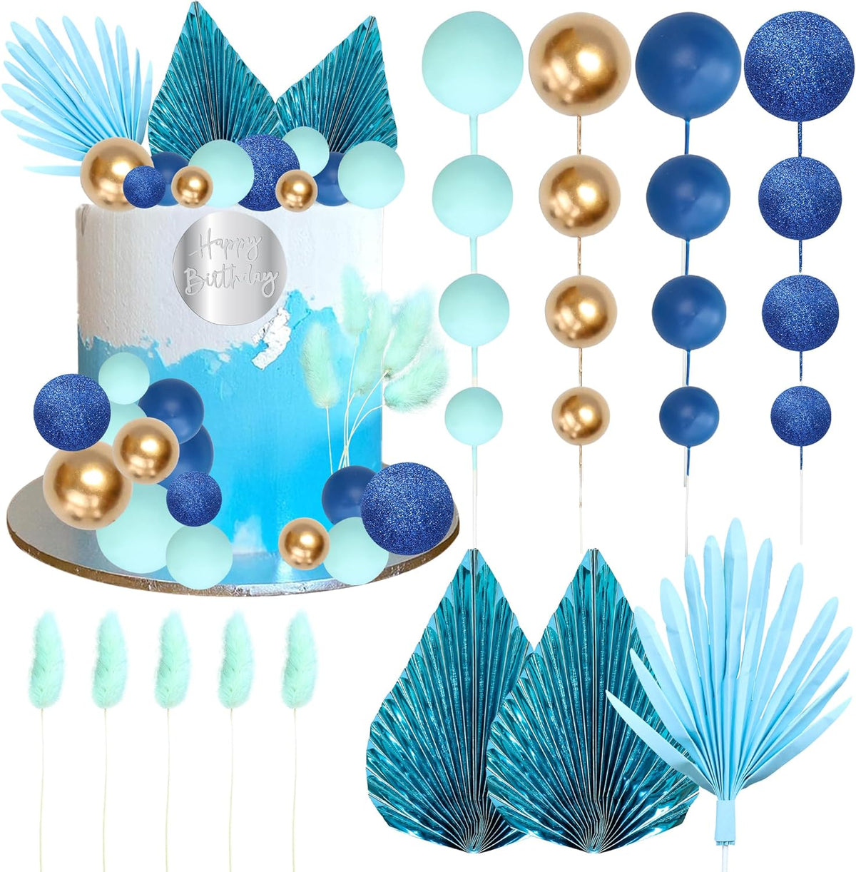 Ephlyn 33 Pack Balls Cake Toppers Boho Palm Leaves Cake Decorations Round Acrylic Happy Birthday