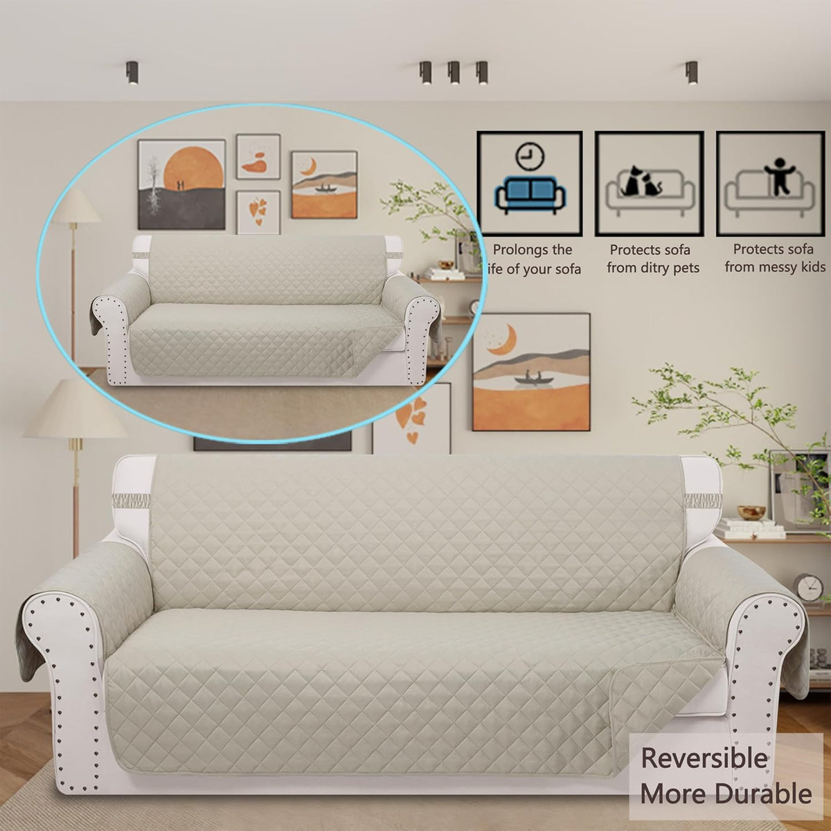 Reversible Oversized Sofa Covers Couch Cover Furniture Protector for Dogs Elastic Straps Water