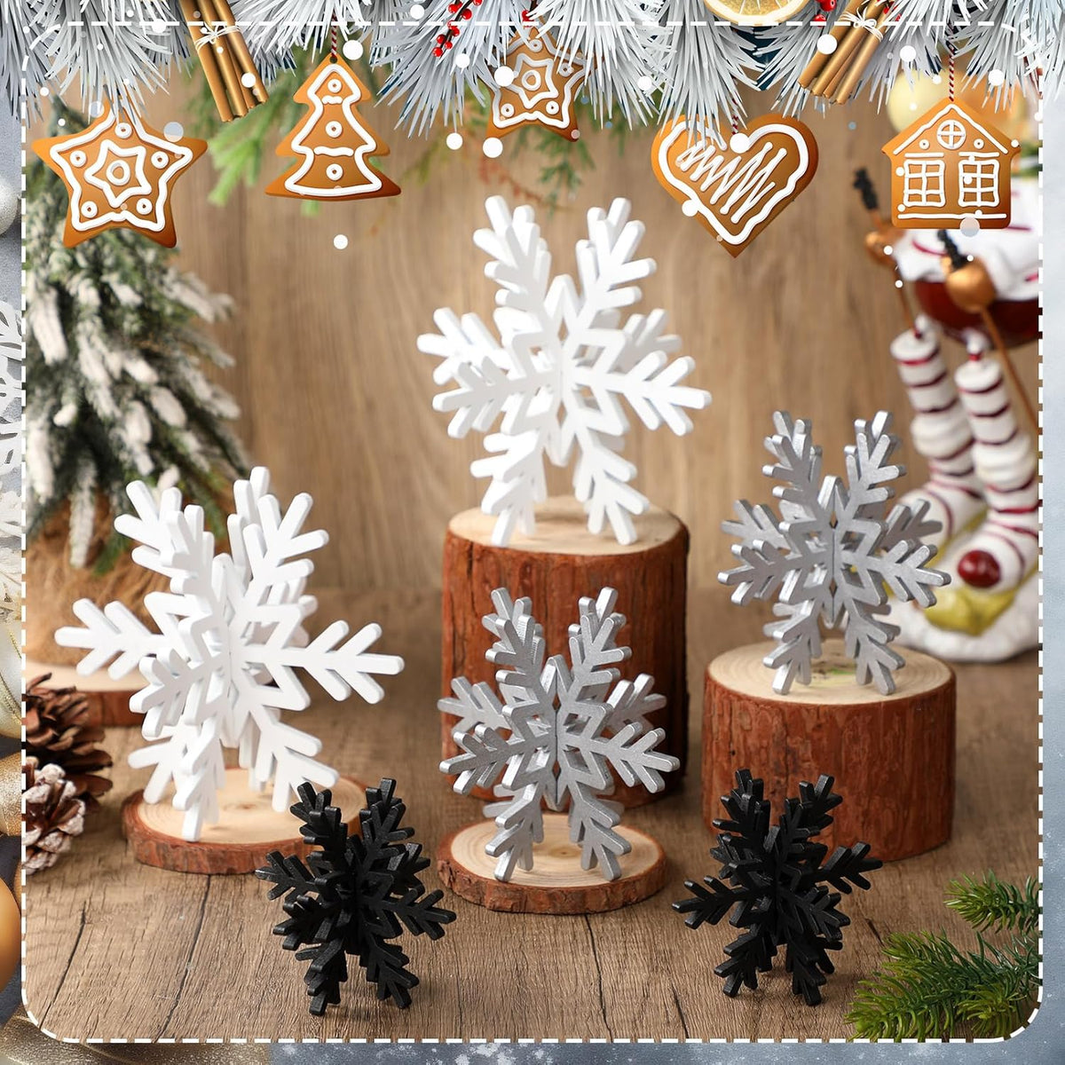 Bucherry 12 Pcs Wooden Snowflake Table Decor 3D Snowflake Tabletop Signs and Centerpiece for