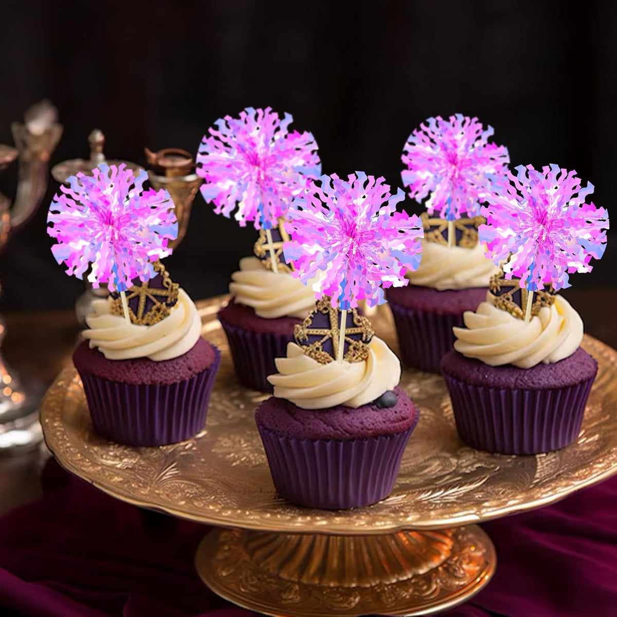 Ephlyn 30Pcs Foil Firework Cupcake Toppers Happy Birthday Cake Toppers Tinsel Flower Drink Stirrers