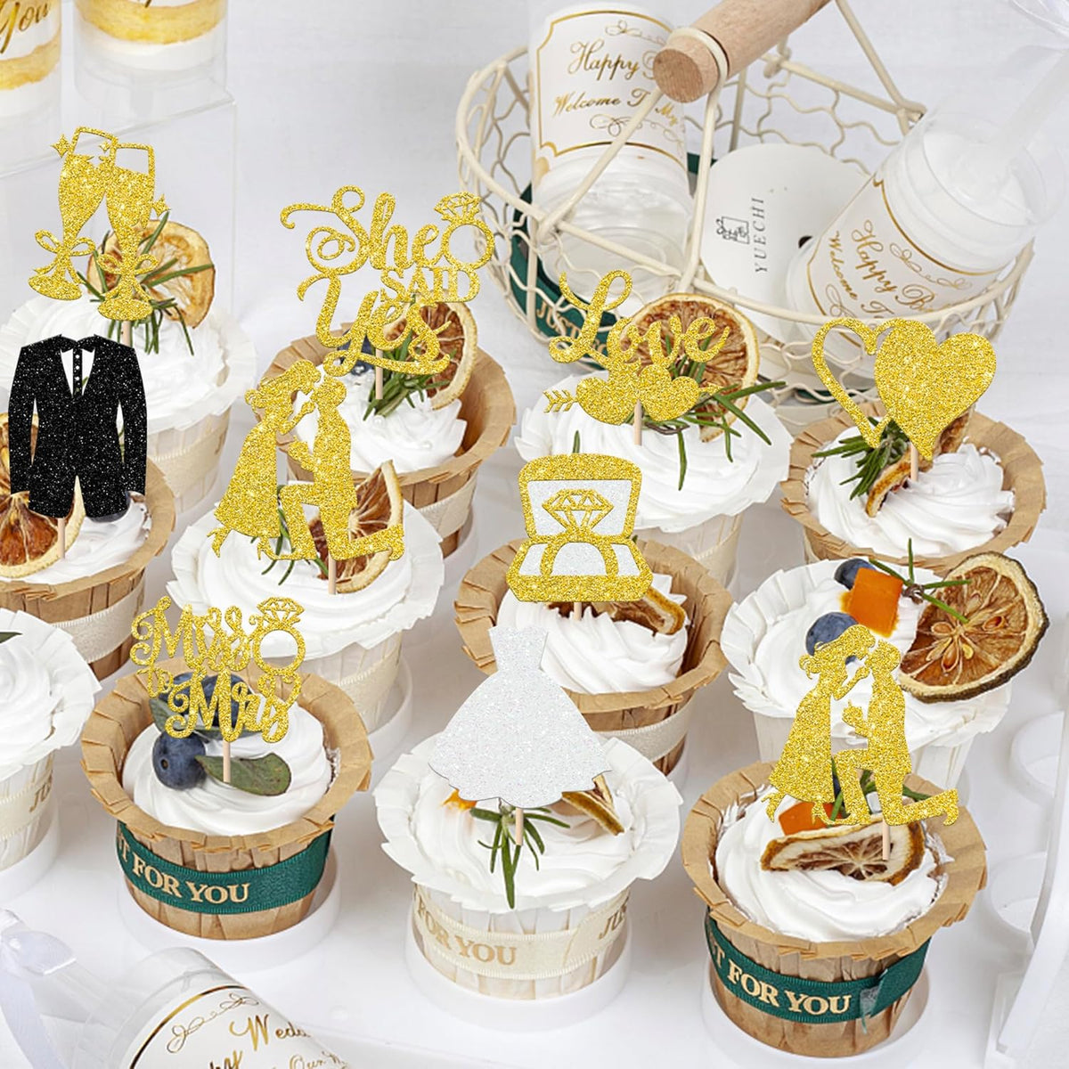 30 Pack Bride to be Cupcake Toppers Glitter Diamond Ring I Do Love Cupcake Picks Miss to Mrs He