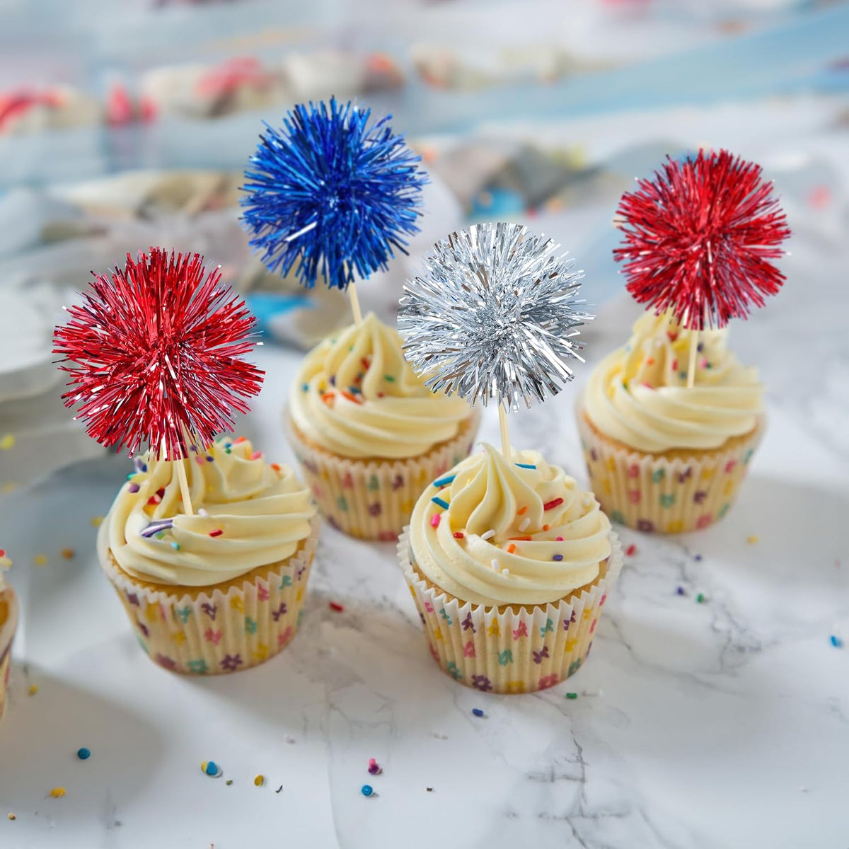 Gyufise 30Pcs Foil Firework Cupcake Toppers Sparkle Tinsel Cake Toppers Tinsel Drink Cake