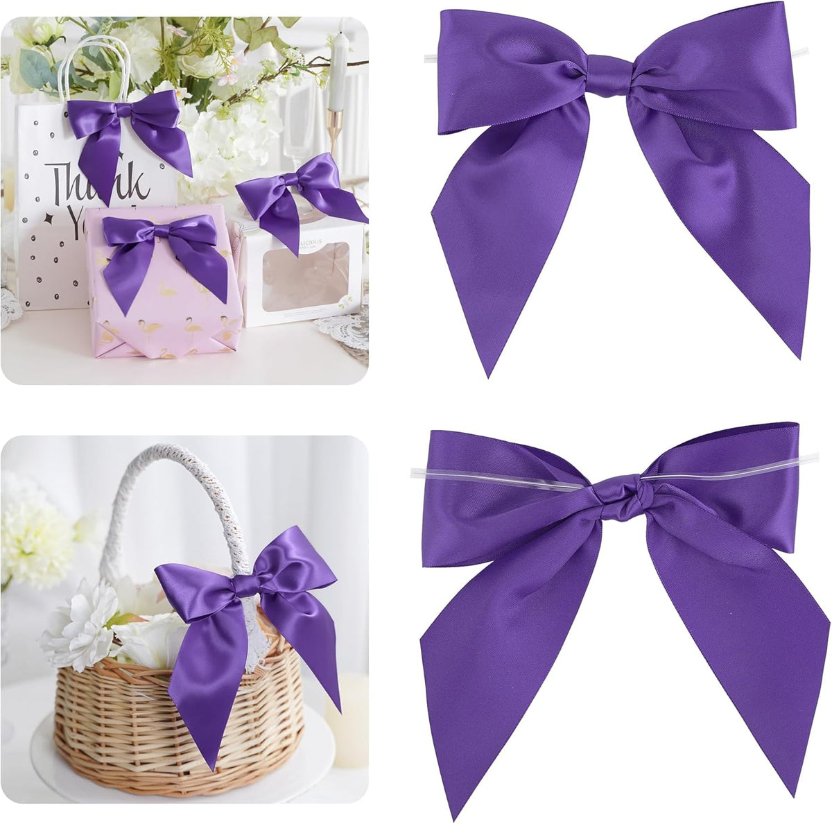 AIMUDI Purple Satin Bows 5.5" Bows for Gift Wrapping Satin Twist Tie Bows Premade Ribbon Bows for