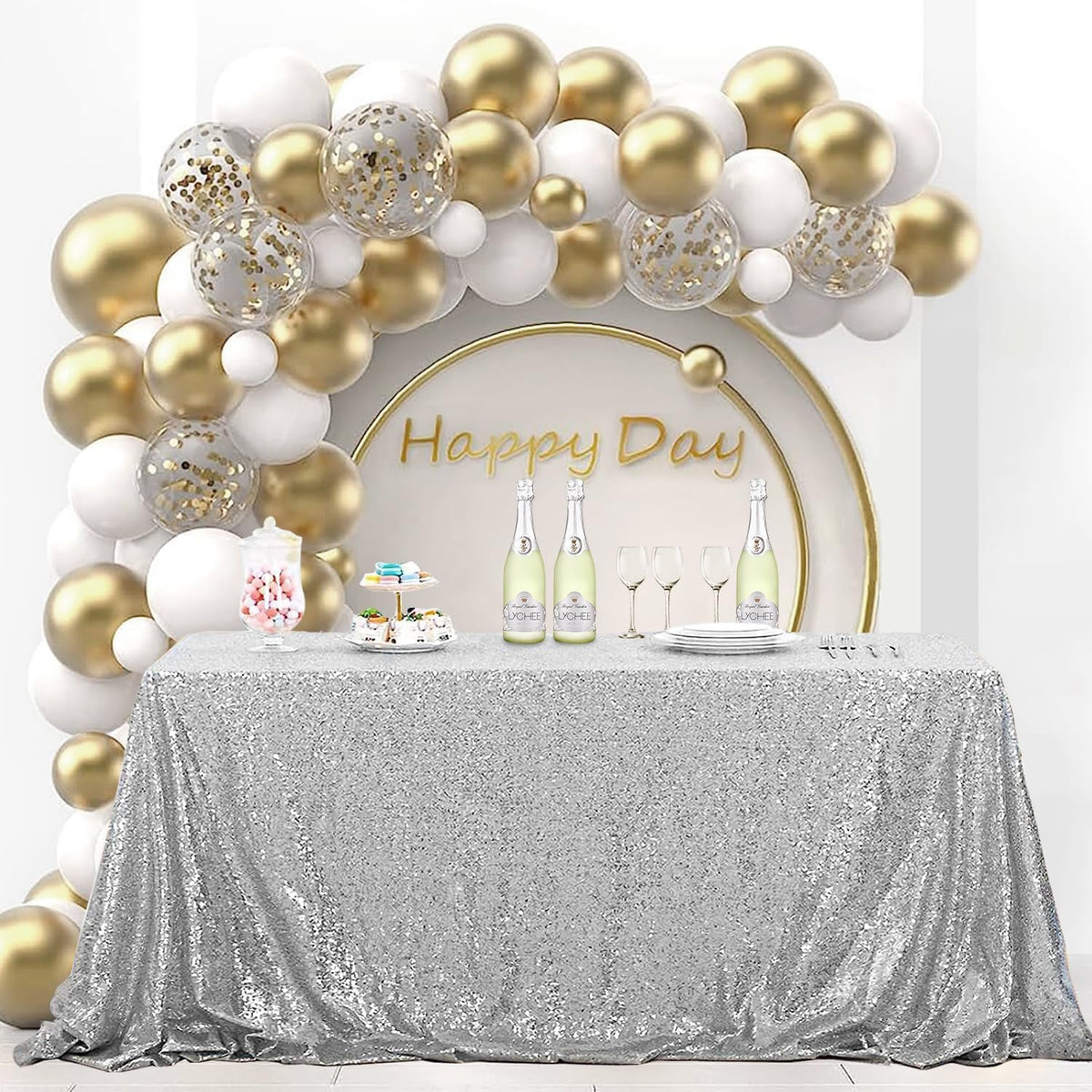 OQSQ Silver Sequins Tablecloth 60x102 inch, Sparkly Glitter Table Cover for Wedding Birthday Party