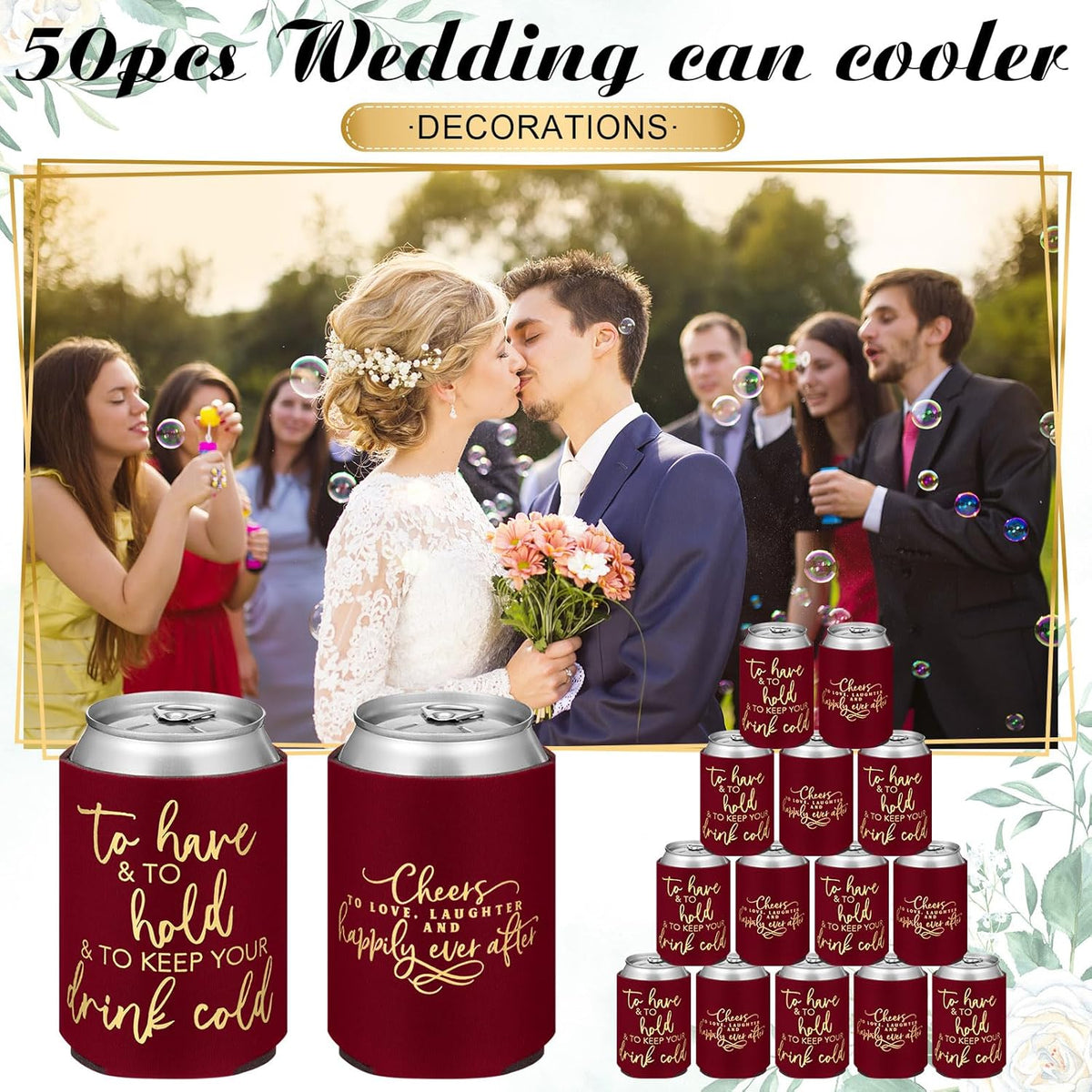 50 Pieces Burgundy Wedding Can Cooler Sleeves Bulk Engagement Party Favors for Guests Cheers to