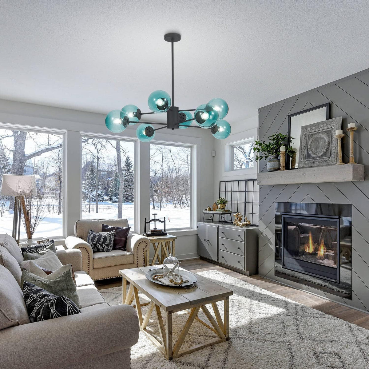 KCO Lighting Modern 8-Lights Blue Glass Sputnik Chandelier Mid-Century Matte Black Globe Flush