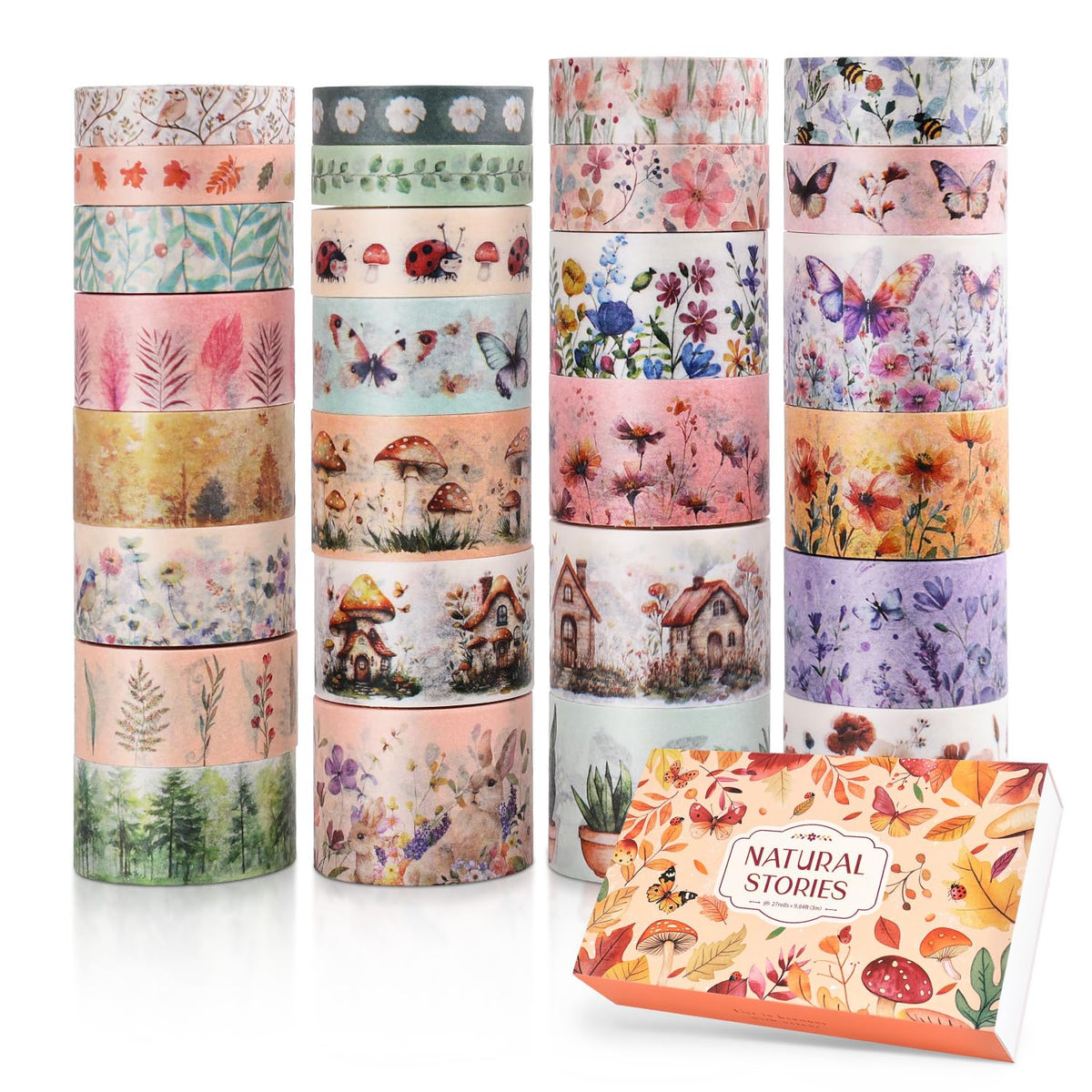 27 Rolls Vintage Washi Tape Set, Floral Butterfly Forest Mushroom Botanical Flower Writable