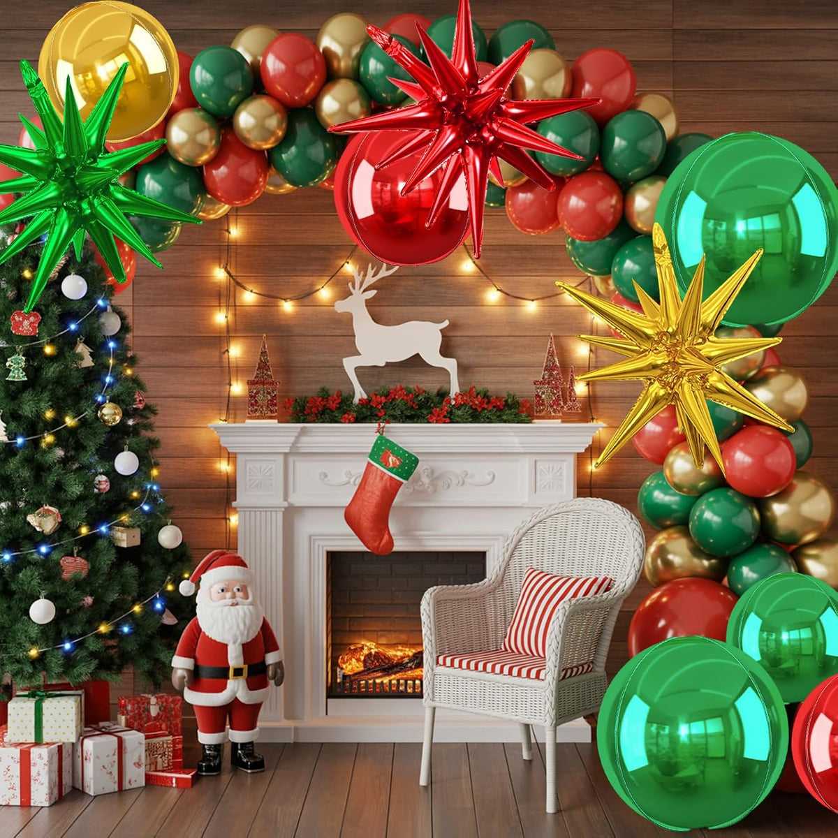 6Pcs Red Green Gold Foil Balloons,22Inch Green Red Gold 4D Round Ball Balloon and Explosion Star