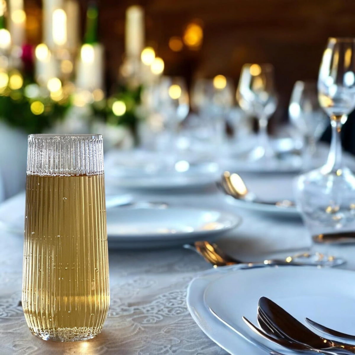 48 Pack Ribbed Origami Ripple Plastic Glasses, 24 9 Ounce Stemless Champagne Flutes & 24 12 Ounce