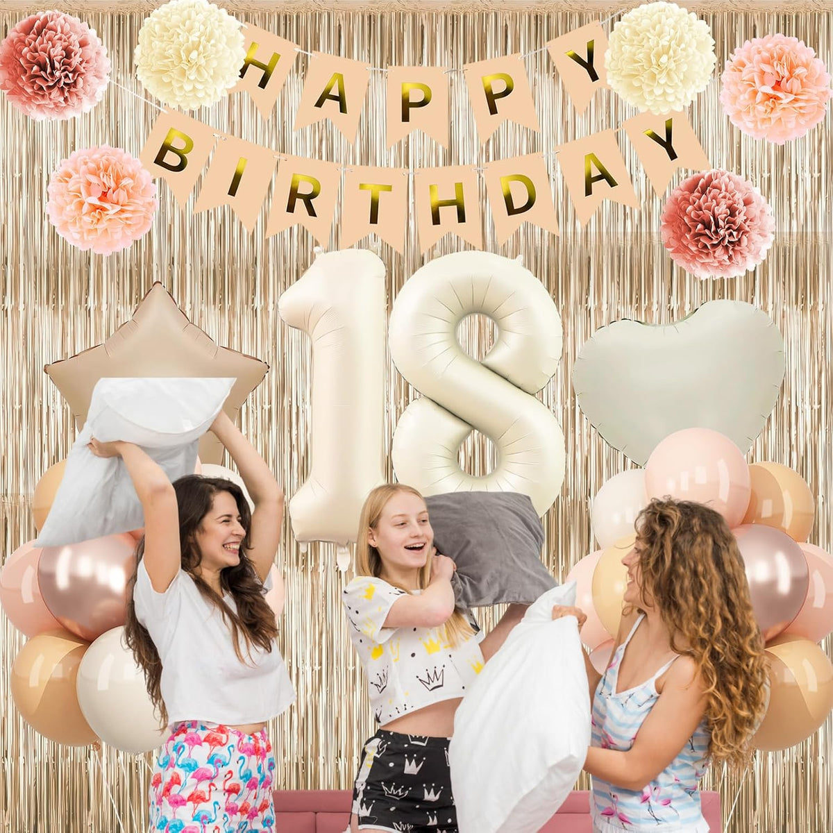 Beige 18th Birthday Decorations Girls Boys Cream Number 18 Balloon Nude Gold Happy Birthday Banner