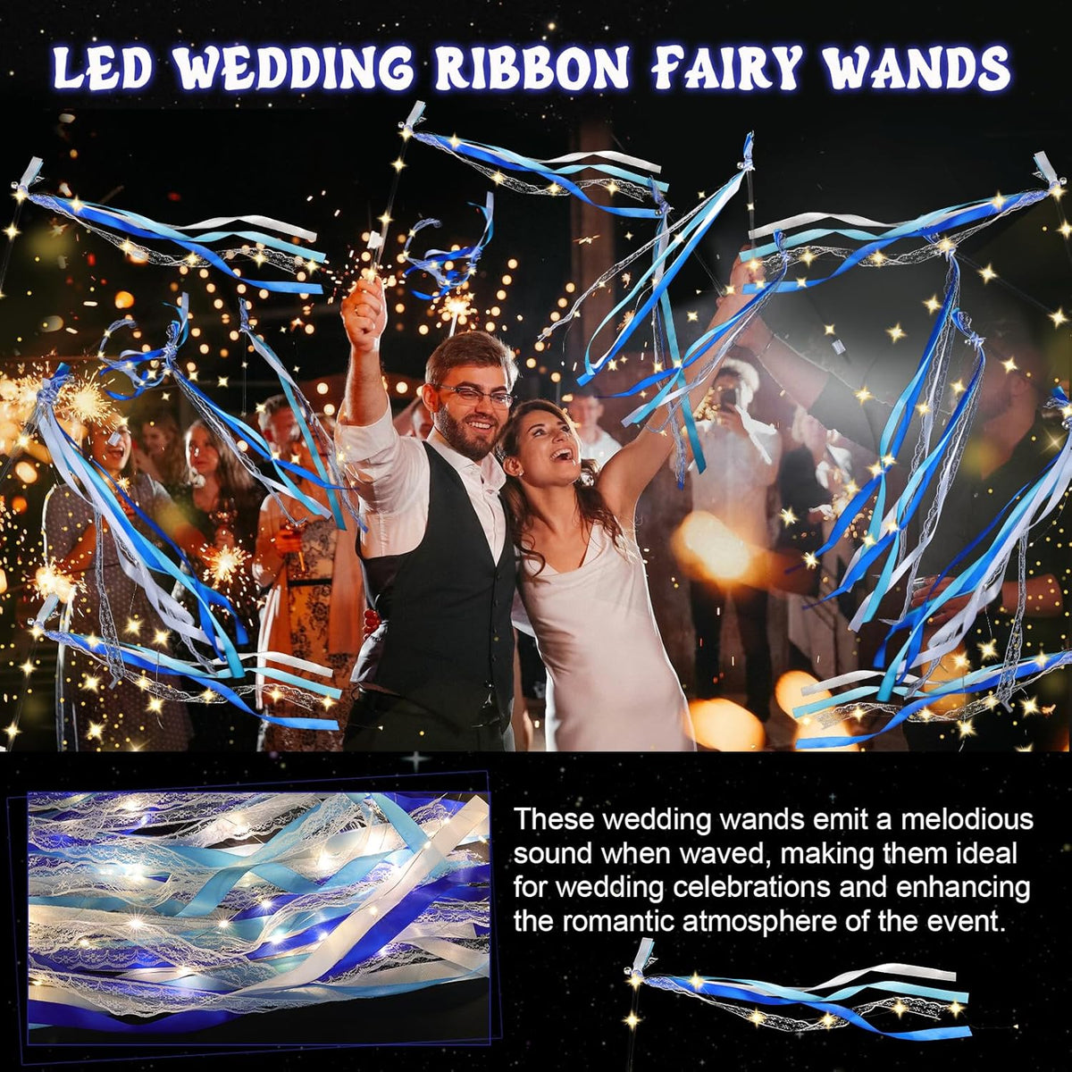100 Pcs Wedding Wands Ribbon with 3 Colorful Flashing Modes, Light up LED Silk Fairy Wands, Glow