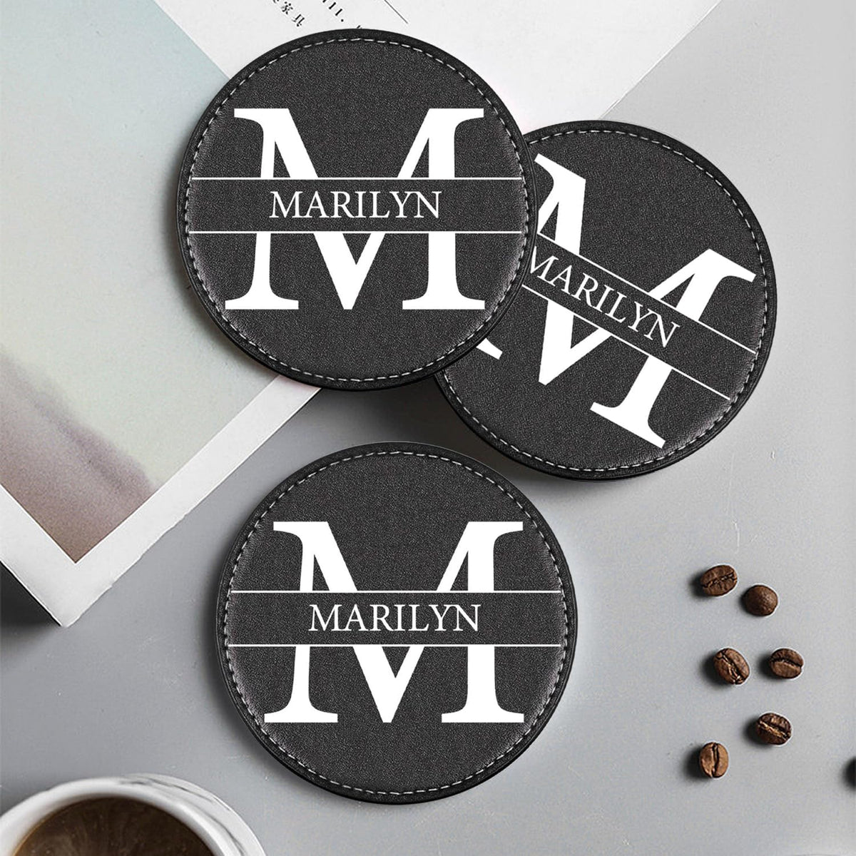 Custom Coasters Set of 6, Personalized Leather Coasters for Drinks with Holder, Customized Coasters