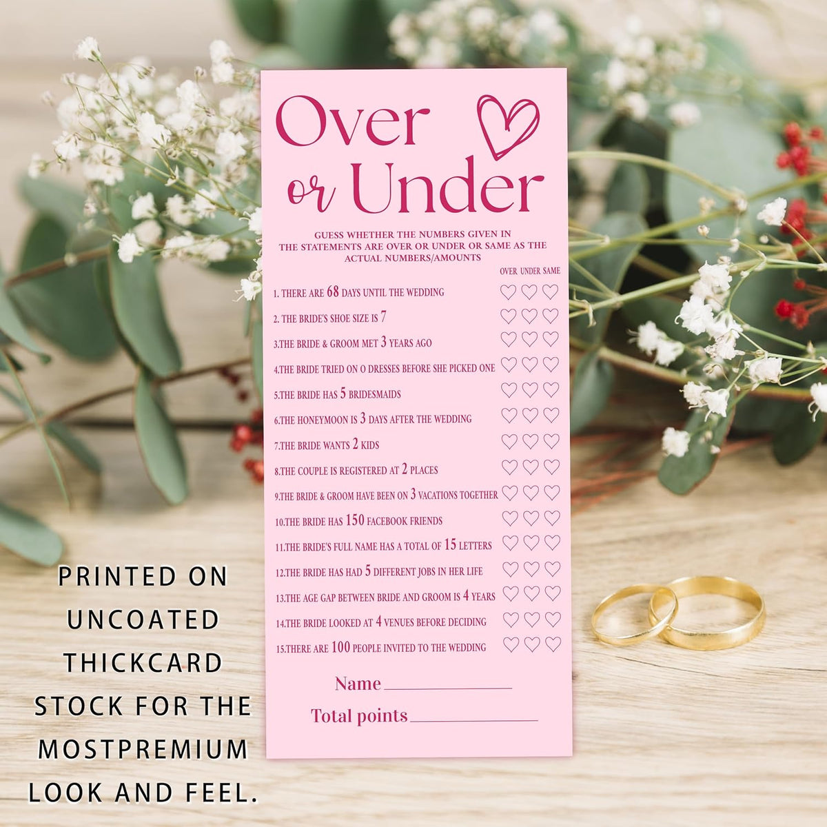 4x9 Inch Wedding Shower Games Cards, Over or Under, Pink Bridal Shower Games for 25 Guests